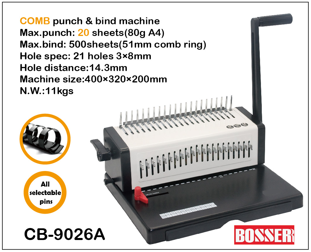 Máy đóng sách BOSSER CB-9026A (lò xo nhựa 21 lổ,  lổ hình chữ nhật,  20 tờ A4 70gms/lần)