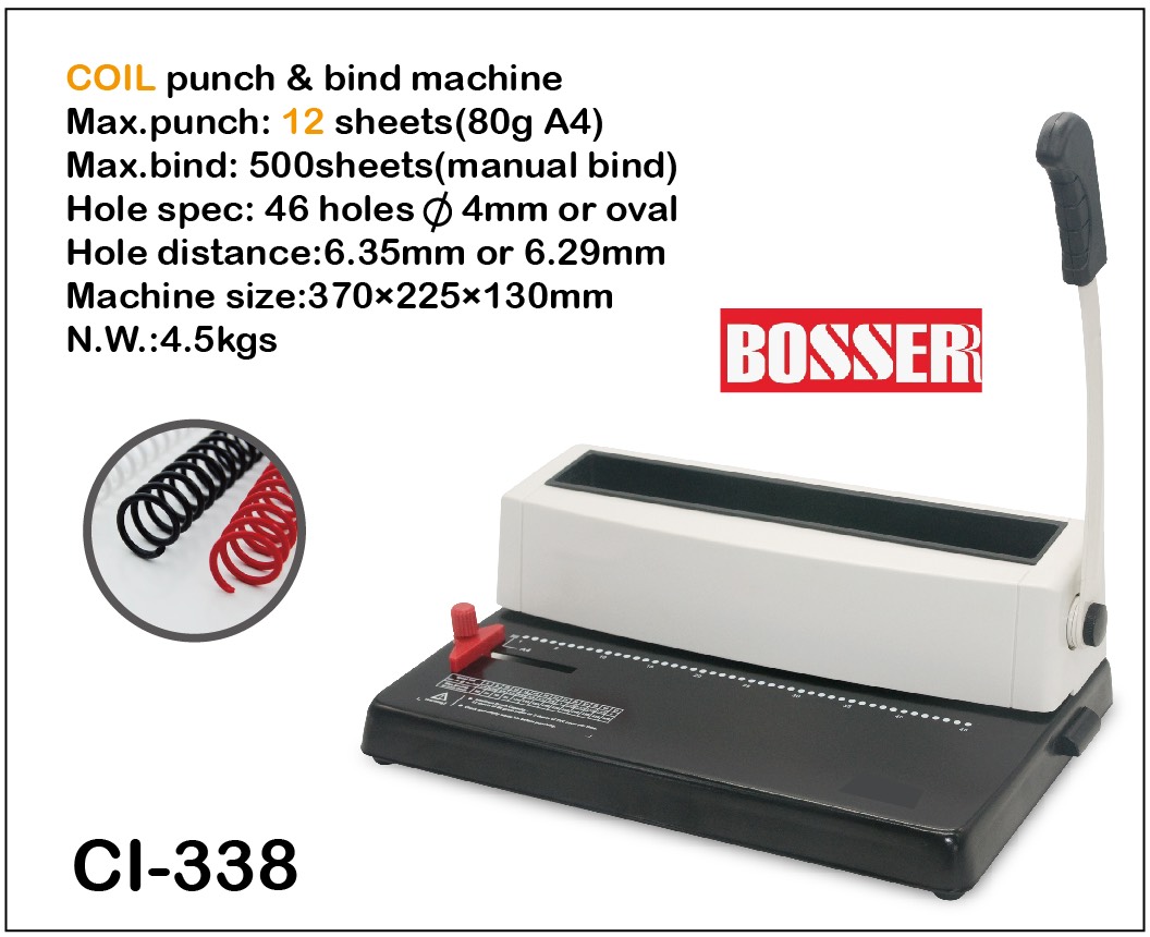 Máy đóng sách BOSSER CI-338 (lò xo xoắn ốc,   lổ tròn 4mm,   12 tờ A4 70gms/lần)