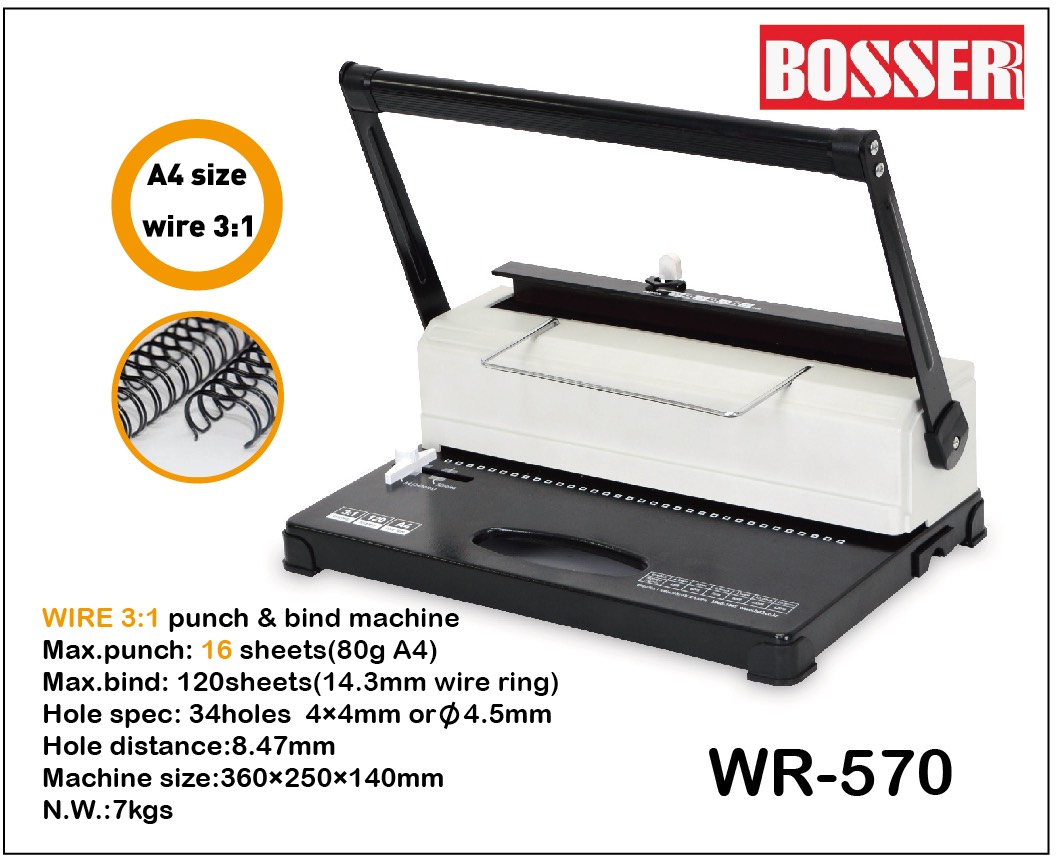 Máy đóng sách BOSSER WR-570 (lò xo kẽm 34 lỗ,  lỗ hình vuông,  16 tờ A4 70gms/lần)