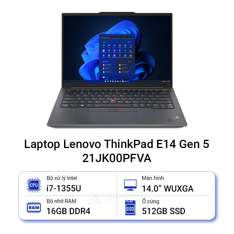Máy tính xách tay LENOVO ThinkPad E14 Gen 5 21JK00PFVA Core i7-1355U,   16GD4,  512GSSD,  14.0WUXGA,  FP,  IR,  WL-BT,  3C47,  NoOS,  LEDKB,  2 Years