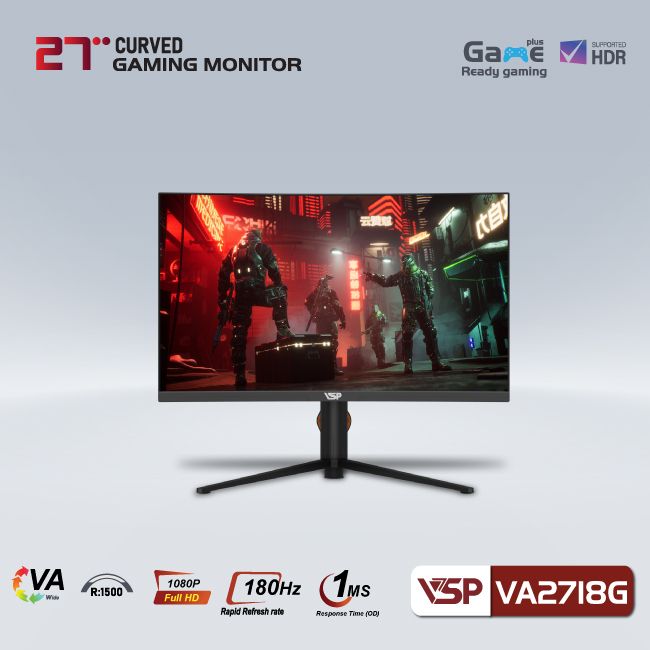 Màn hình cong VSP 27inch R1500 - VA2718G - 180Hz - 1Ms -HDMI2.0 x1/DP1.4 x1/Audio out/USB x1