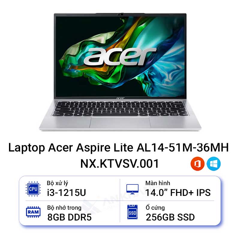 Laptop ACER AS AL14-51M-36MH NX.KTVSV.001 i3-1215U/ 8GD5/ 256GSSD_PCIe/ 14.0WUXGA/ BT5/ BẠC/ W11SL