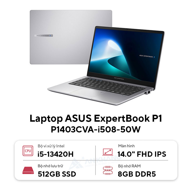 Máy tính xách tay Asus ExpertBook P1 P1403CVA-i508-50W (14.0 FHD IPS / i5-13420H / DDR5 8GB / 512GB / FingerPrint / Chiclet Keyboard/ Wi-Fi 6 2*2 + Bluetooth 5.3 / 50WHrs,  3-cell / Windows 11 Home / McAfee 1Y / 2Y OnSite)