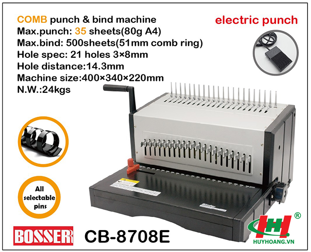 Máy đóng sách BOSSER CB-8708E (lò xo nhựa 21 lổ công suất lớn,  đóng bằng điện,  lổ hình chữ nhật 3x8mm,  28-32 tờ A4 (70gms)/lần)