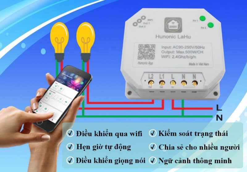 Công tắc thông minh Hunonic Lahu 2 kênh điều khiển từ xa 8 công tắc điện thông minh