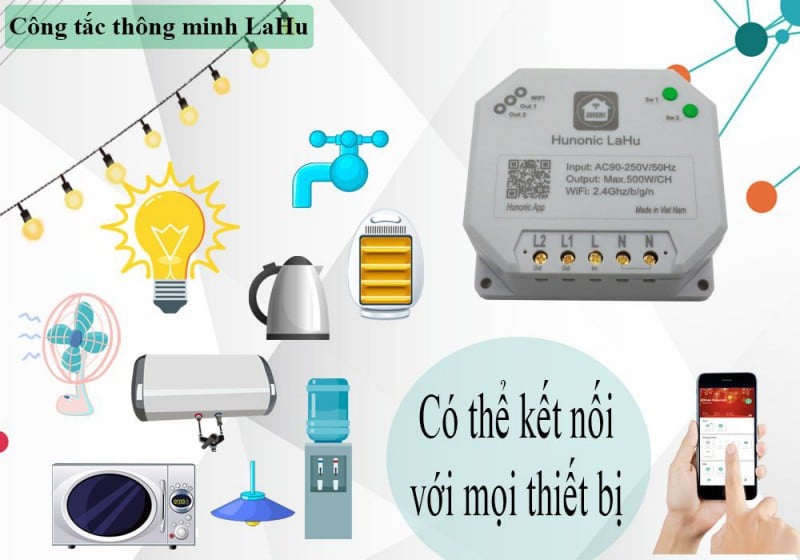 công tắc điện thông minh Công tắc Hunonic Lahu 1 kênh công suất lớn 4000W Điều Khiển Từ Xa 9