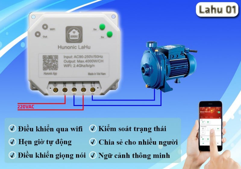 công tắc điện thông minh Công tắc Hunonic Lahu 1 kênh công suất lớn 4000W Điều Khiển Từ Xa 8
