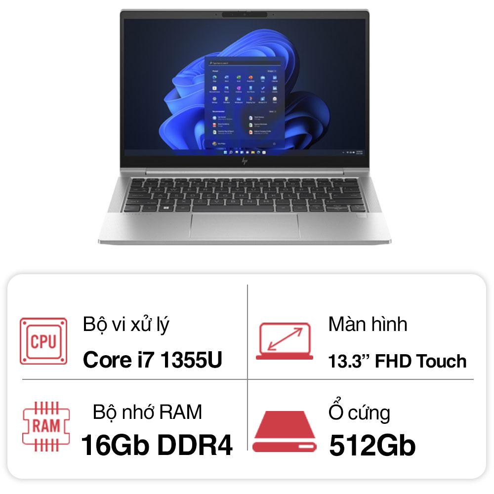 Máy tính xách tay HP Elitebook 630 G10 9J0B7PT I7- 1355U / 16GB / 512GSSD / 13.3 FHD Touch / FP / WL / BT / 3C42WHr / ALU / W11SL / LED_KB / BẠC / 1Yr