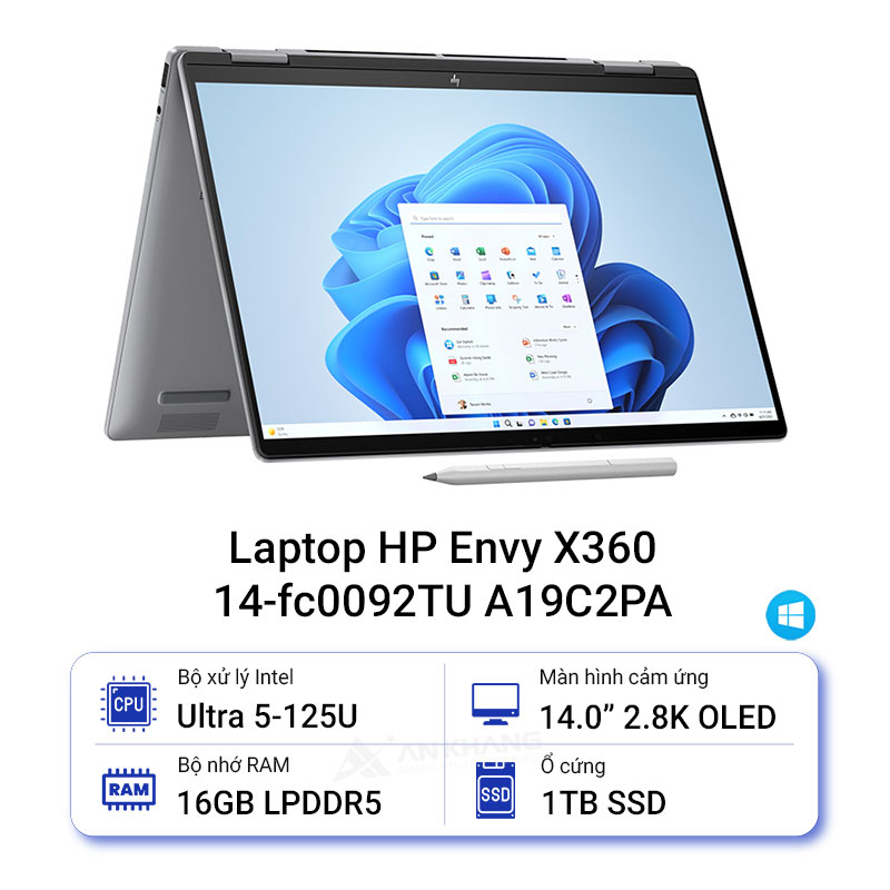 Máy tính xách tay HP Envy X360 14-fc0092TU A19C2PA U5-125U/ 16G/ 1TBSSD/ 14.0T_2.8K/ IR/ OLED/ PEN/ WL/ BT/ 3C/ ALU/ LKB/ W11H/ BẠC