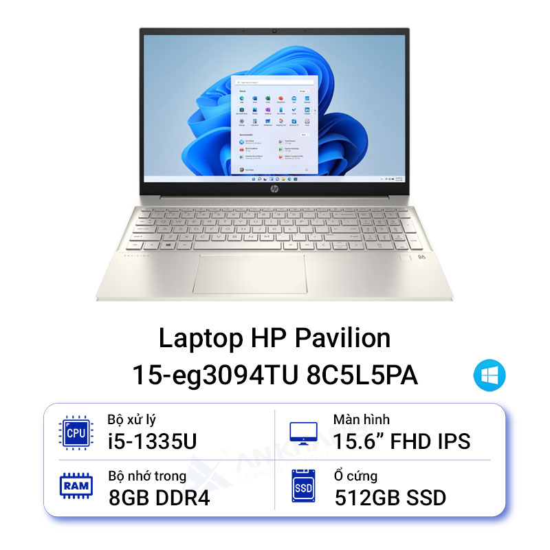 Máy tính xách tay HP Pavilion 15-eg3094TU 8C5L5PA i5-1335U / 8GD4 / 512G SSD / 15.6FHD / WLax/BT5 /  3C41WHr / ALUp / W11SL / Vàng/ 1 Year