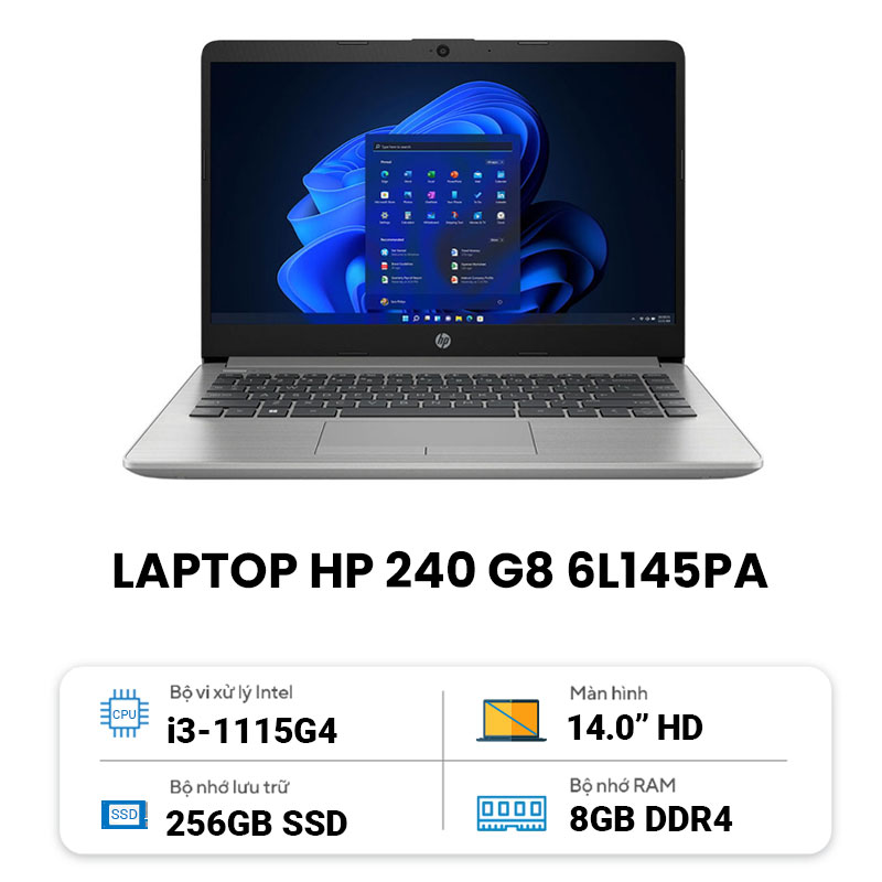 Máy tính xách tay HP 240 G8, Core i3-1115G4,  8GB RAM,  256GB SSD,  Intel Graphics,  14HD,  Webcam,  3 Cell,  Wlan ac+BT,  Win11 Home 64,  Silver,  1 Y WTY_6L145PA