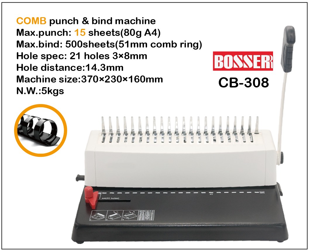Máy đóng sách BOSSER CB-308 (lò xo nhựa 21 lổ,  lổ hình chữ nhật,  12 tờ A4 70gms/lần)