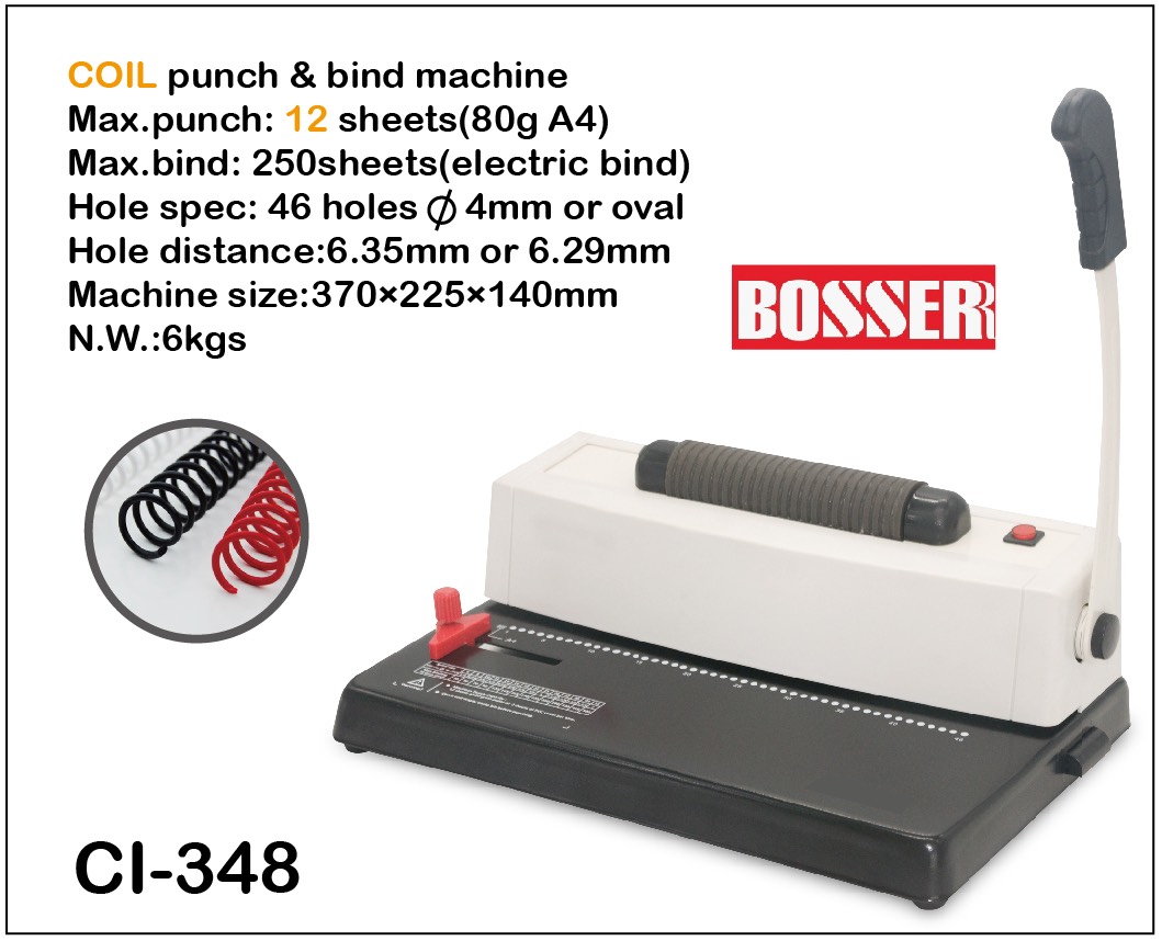 Máy đóng sách BOSSER CI-348 (lò xo xoắn ốc,  đóng bằng tay & gắn lò xo bằng điện,  lổ tròn 4mm,   12 tờ A4 70gms/lần)