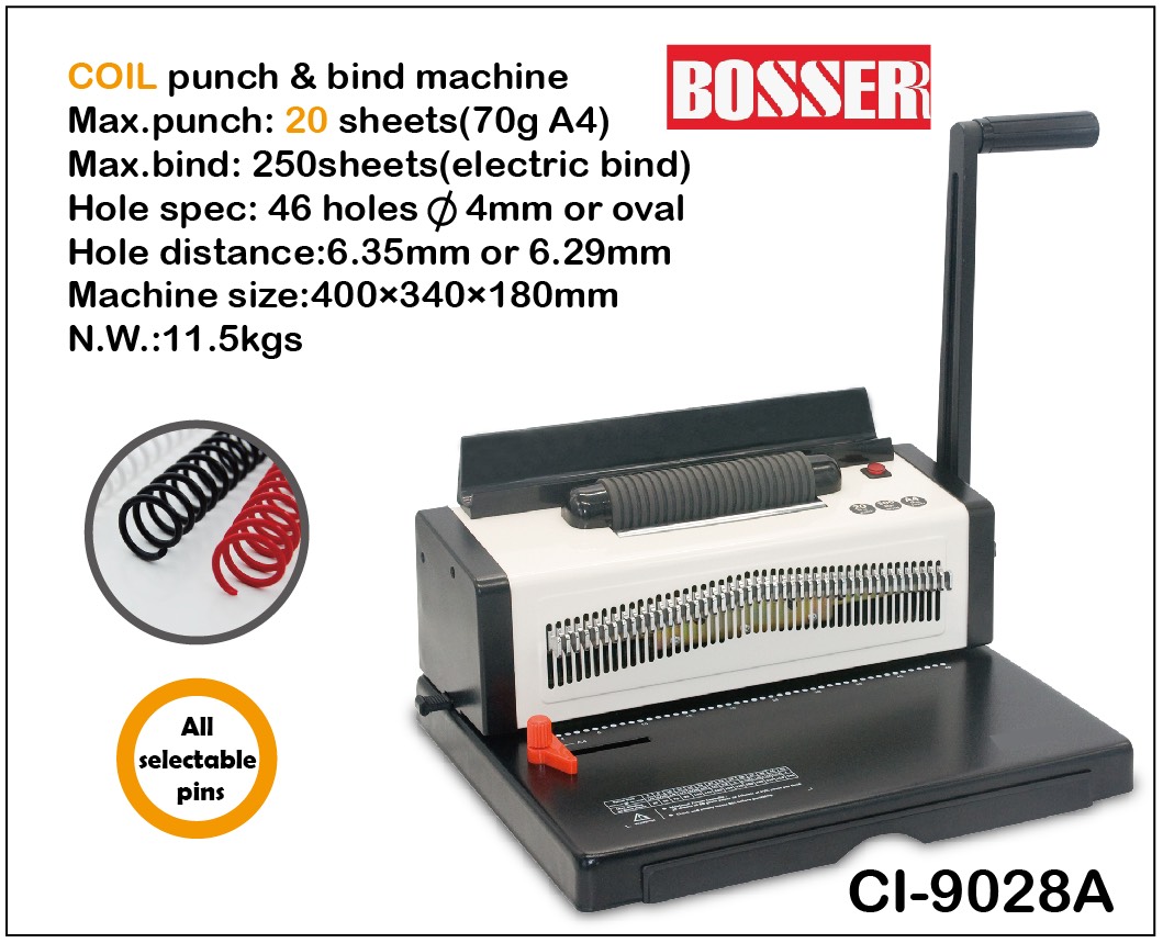 Máy đóng sách BOSSER CI-9028A (lò xo xoắn ốc,  đóng bằng tay & gắn lò xo bằng điện,  lổ tròn 4mm,  20 tờ A4 70gms/lần)