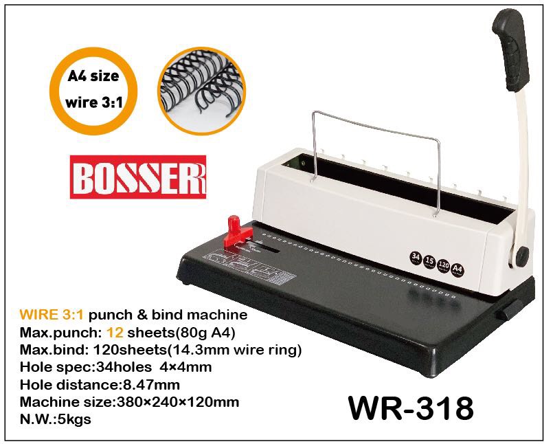 Máy đóng sách BOSSER WR-318 (lò xo kẽm 34 lỗ,  lỗ hình vuông,  12 tờ A4 70gms/lần)