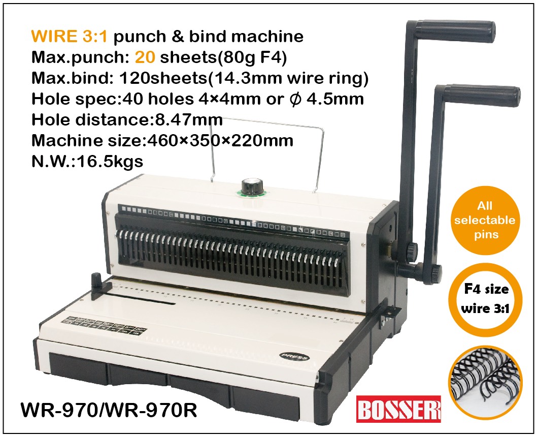 Máy đóng sách BOSSER WR-970 (lò xo kẽm 34 lổ,  lỗ hình vuông,  20 tờ A4 70gms/lần)