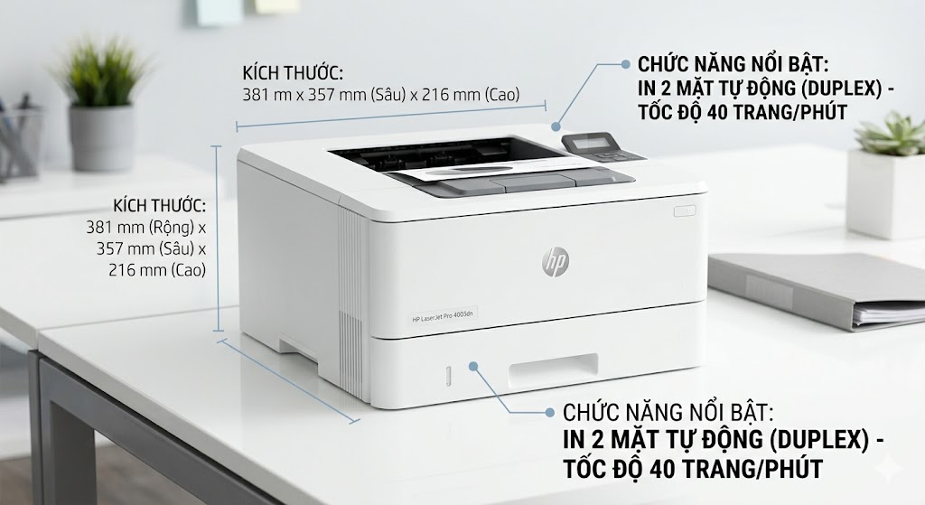 Tổng thể và Kích thước Thực tế của HP LaserJet Pro 4003dn