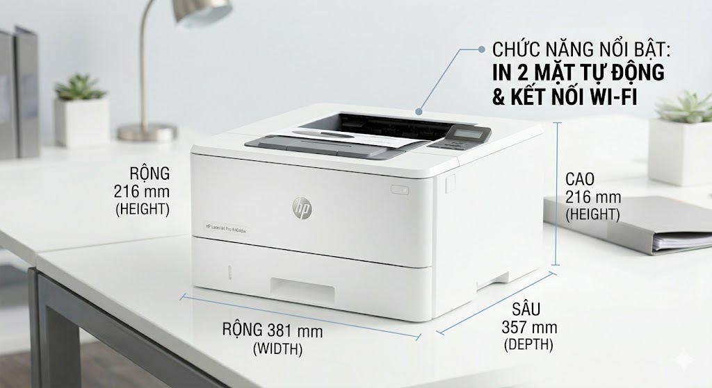 Tổng thể và Kích thước Thực tế của HP LaserJet Pro M404dw