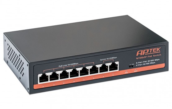 Switch 6 port PoE APTEK SF1062P chuyên dụng cho camera,  truyền tín hiệu và nguồn đến 250m