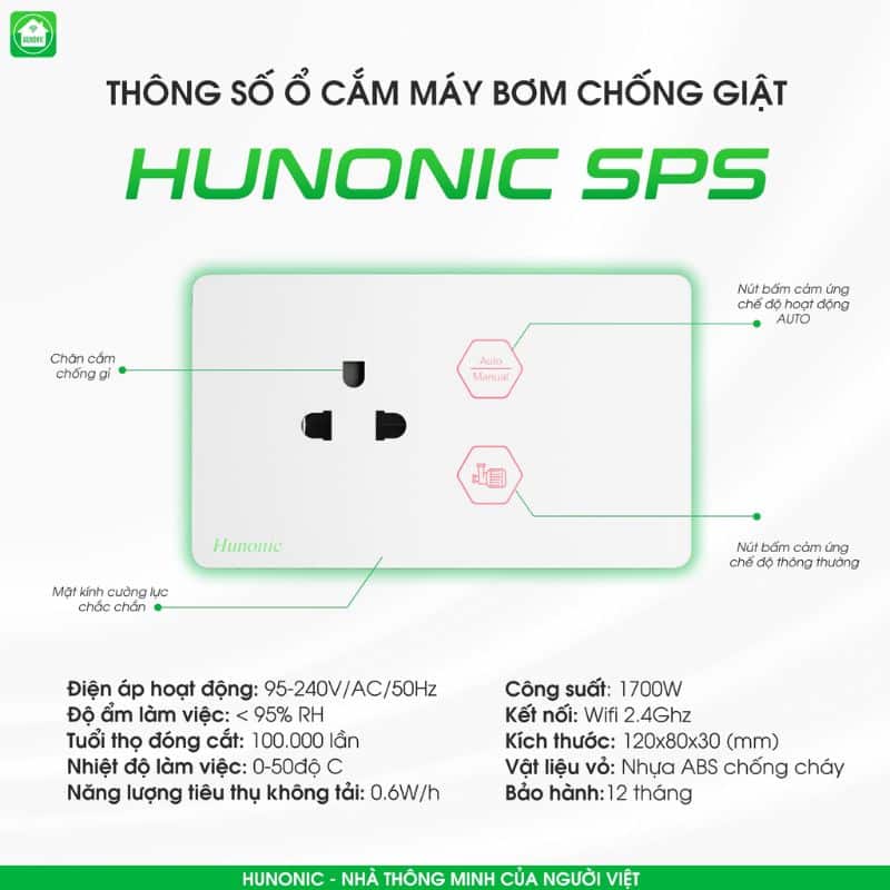 Thông số kĩ thuật ổ cắm máy bơm an toàn Ổ Cắm Máy Bơm Chống Giật An Toàn Hunonic SPS 11