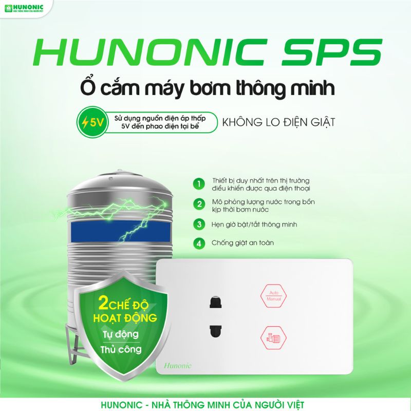 tinh nang o cam may bom sps Ổ Cắm Máy Bơm Chống Giật An Toàn Hunonic SPS 9