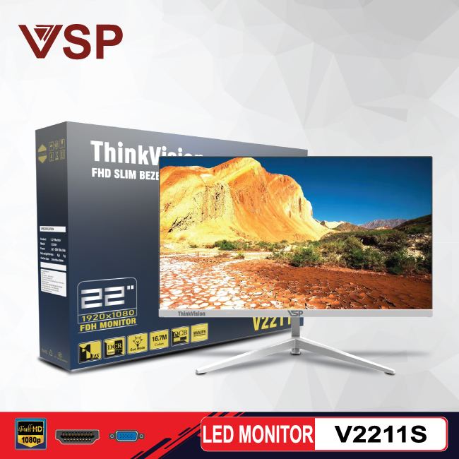 Màn hình VSP LED ThinkVision 22inch V2211S (Trắng,  1920X1080,  5ms,  75Hz,  VGA/HDMI,  2Yr)