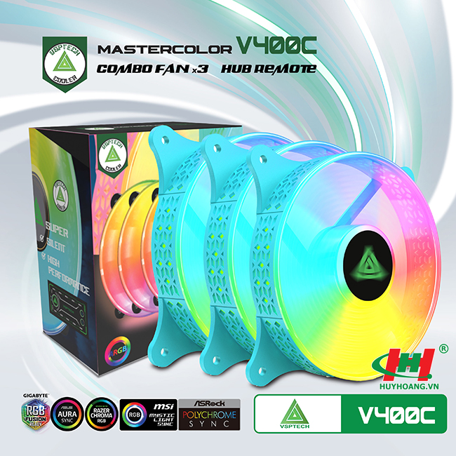 Combo 3 quạt làm mát Case - Fan case + Hub VSPTECH LED RGB V400C x3 fan - Blue