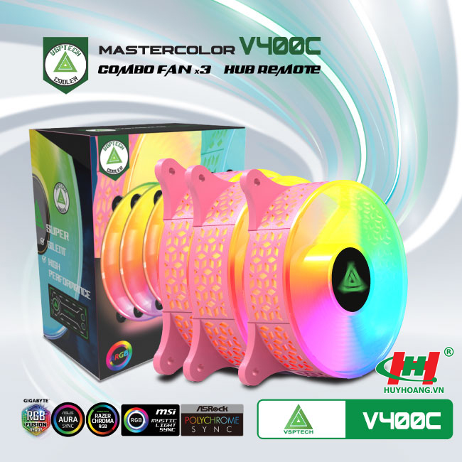 Combo 3 quạt làm mát Case - Fan case + Hub VSPTECH LED RGB V400C x3 fan - Pink