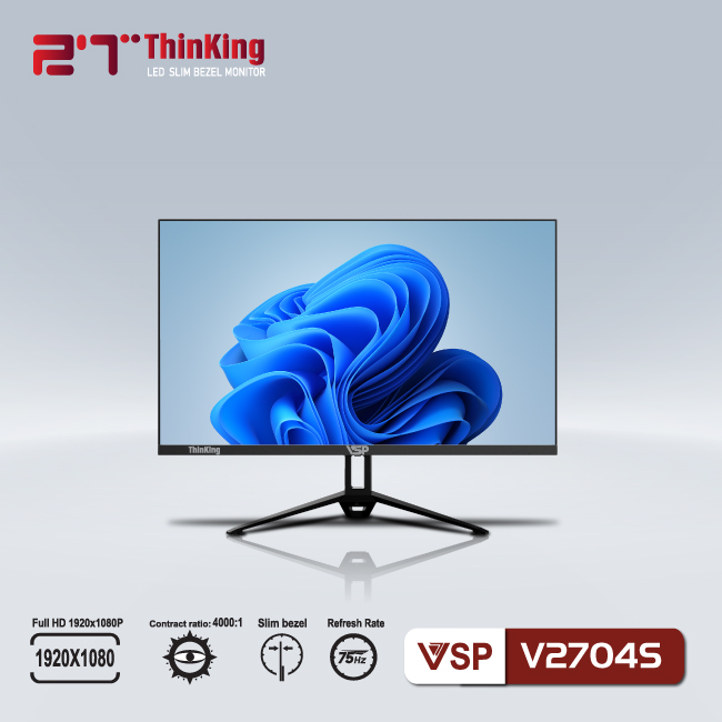 Màn hình phẳng LED tràn viền Slim Bezel VSP V2704S 1920X1080,  60Hz,  22ms,  VGA x1/HDMI ,  02Year,  China